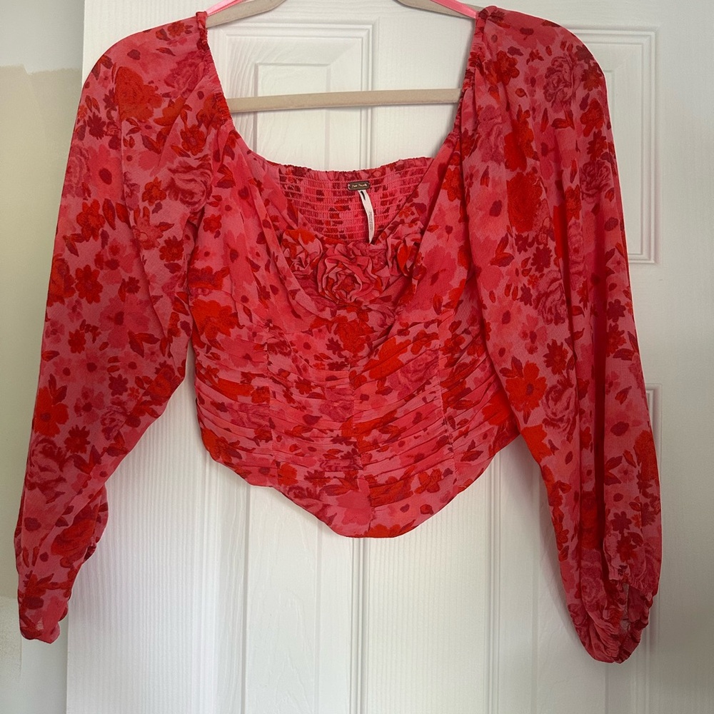 Free People Red Ruched Fitted Blouse